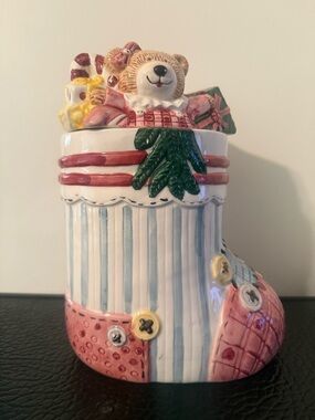 Festive Teddy Bear COOKIE JAR
STOCKING with TOYS HAND PAINTED CKA